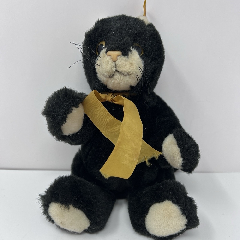 Vtg Steiff Possy Cat Plush 11 Inch Jointed Black White 6225/28 Button Ear Tag